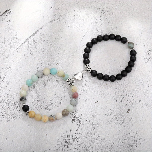 Heart Matching Couple Bracelets - Natural Stone Beads Yoga Bracelet for Romantic Lovers - Perfect Valentine's Day Gift