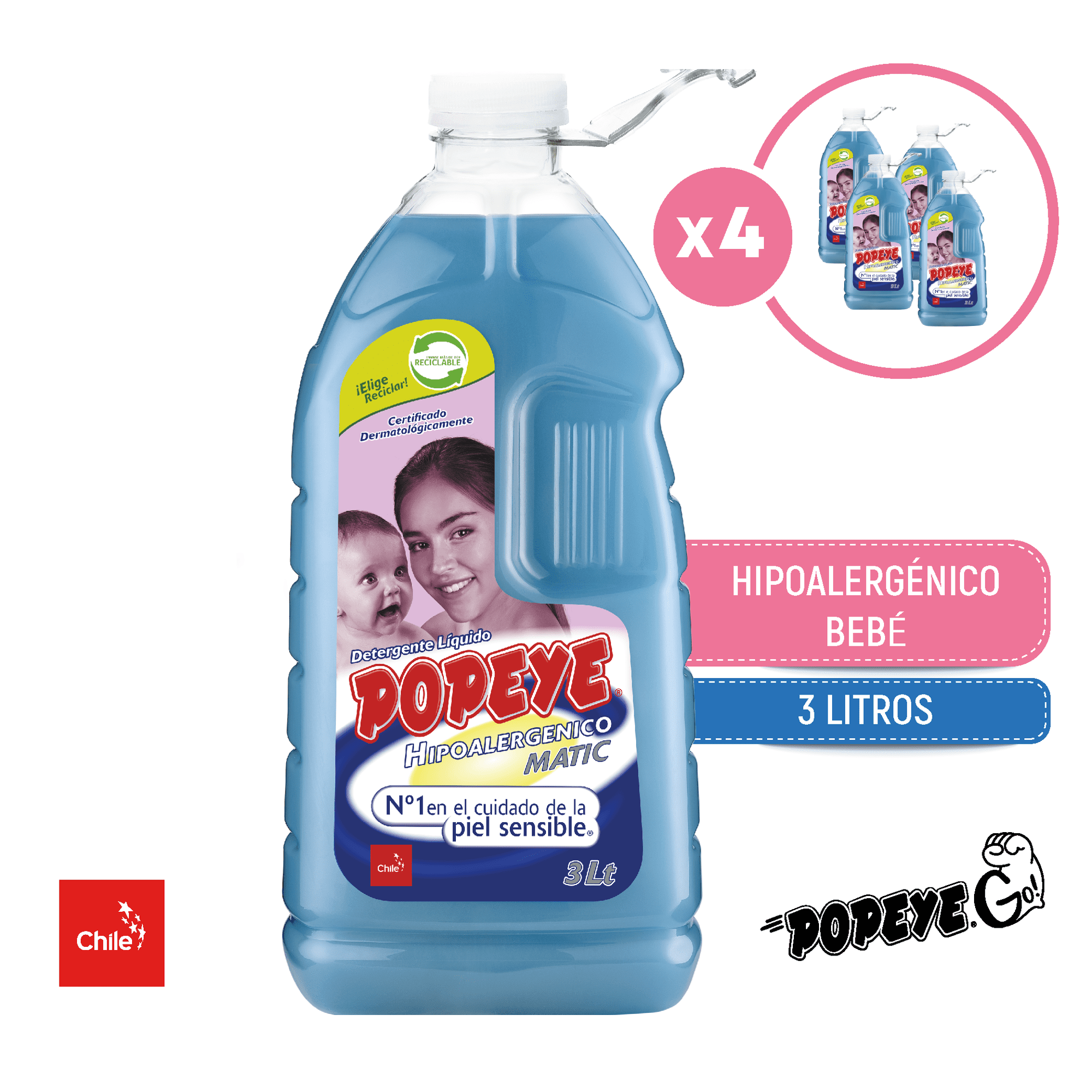Pack 4 X Detergente Hipoalergénico Popeye Bebé Matic Pet 3lt