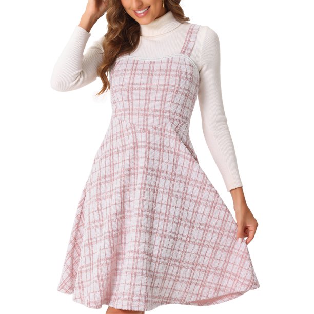 INSPIRE CHIC Vestido de Tweed para Mujer sin Mangas Cuello Cuadrado Cuadros Línea A Pinafore Vestidos S Rosa