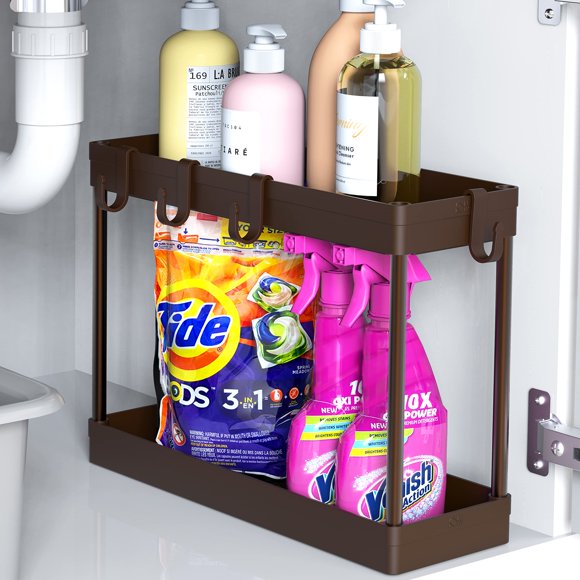 Simple Houseware - Organizador de 2 Niveles para Debajo del Fregadero con Ganchos, Marrón