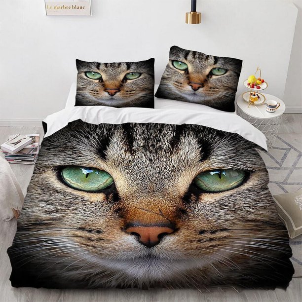 Cute White Cat Kitty Kitten Animal Print Quilt Duvet Cover Set Soft3-Piece Bedding Set