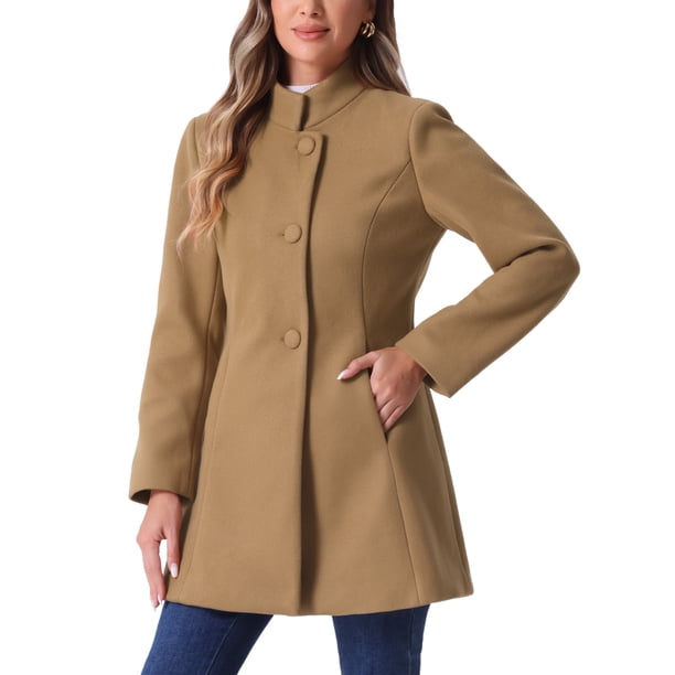 INSPIRE CHIC Abrigo de Mujer de Largo Medio con Cuello Mao, Abotonado, Abrigo de Invierno con Bolsillos Inclinados y Forro Completo Camel L