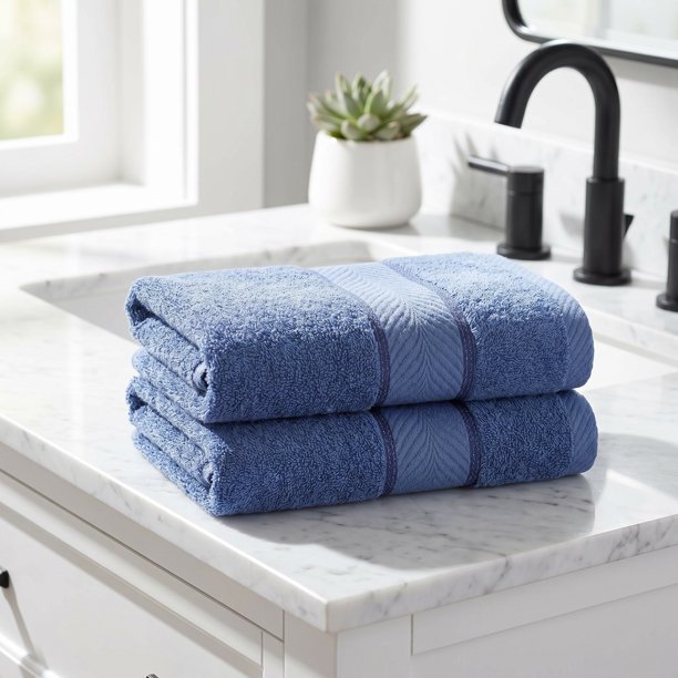 REGALWOVEN Juego de Toallas de Mano a Rayas Sólidas, Algodón Suave Absorbente Toalla Decorativa para Baño Azul Claro 14" x 30"