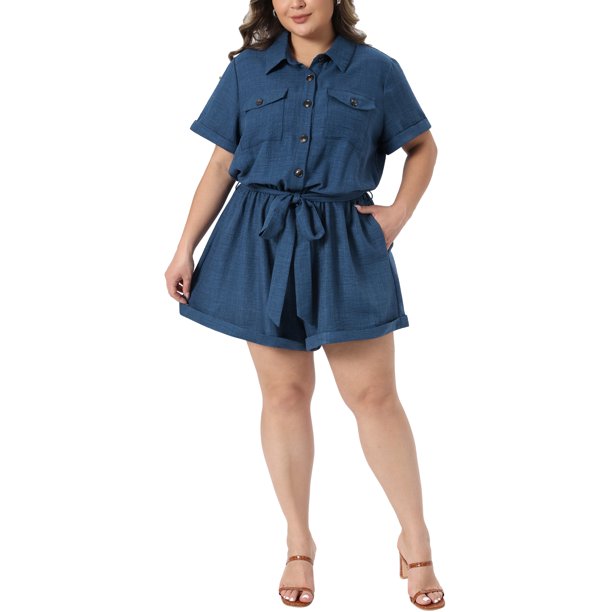 Agnes Orinda Mono Corto de Talla Grande para Mujer, Escolar, Universitario, con Botones, Mangas Enrollables, Cinturón, 1 Pieza, con Bolsillos, 3X Azul Oscuro
