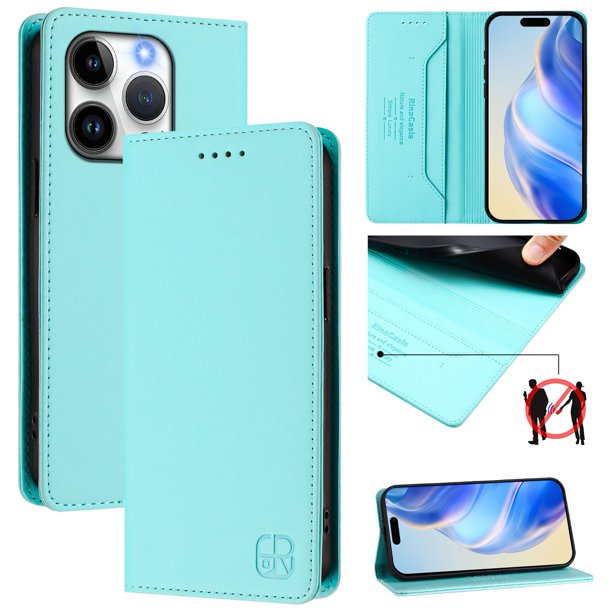 Funda Billetera con Soporte para iPhone 15 Pro Bloqueo RFID Plegable Verde menta