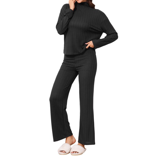 INSPIRE CHIC Conjuntos de Pijama para Mujer Tejido de Canalé de Manga Larga Cuello Alto Acogedor Suéteres Pantalones de Pierna Ancha Conjunto de Dos Piezas Ropa de Estar L Negro