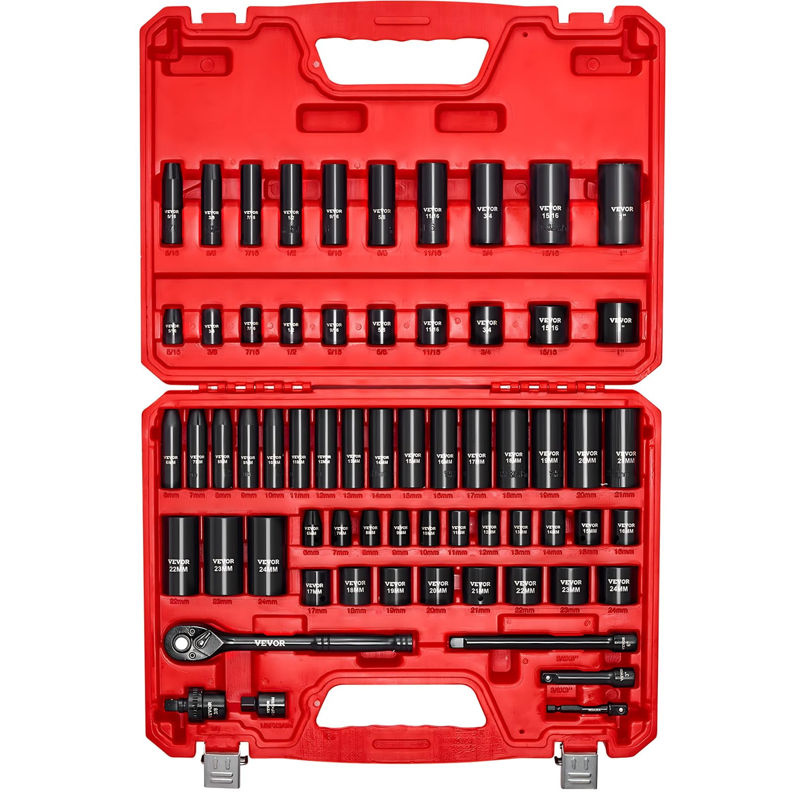 Juego De Dados De Impacto Vevor 64 Piezas Sae Y Métrico Con Carraca De 3/8