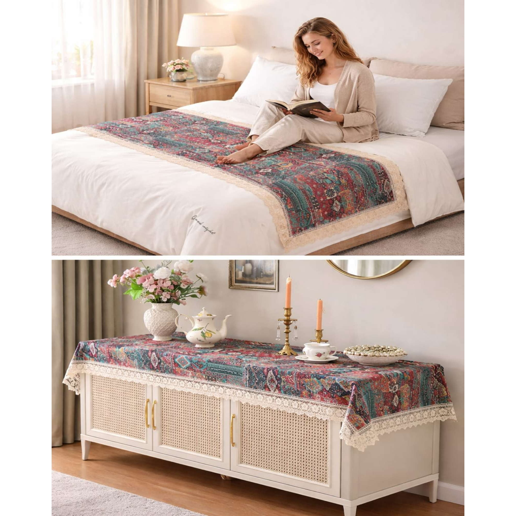 Mylhogar - Piecera De Cama Estampado Natural Chic Con Encaje 80x200cm