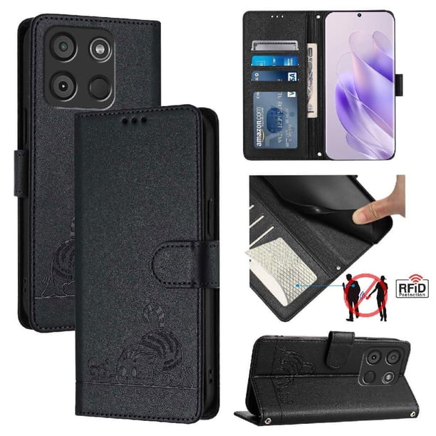 Funda tipo cartera FOXDOCK para itel A60 /A60S con soporte, ranuras, RFID, diseño de gato