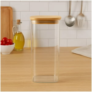 Disparo - Frasco Hermetico Cuadrado 1400Ml Vidrio 15Cm Con Tapa Bambú