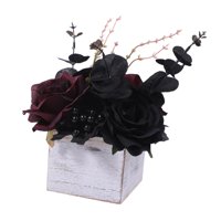 Magideal - Adorno De Mesa Con Flores Artificiales De Halloween En Caja De Madera, Rosas Artificiales De Imitación En Caja Gótica Para El Alféizar De La Ventana Rojo Oscuro