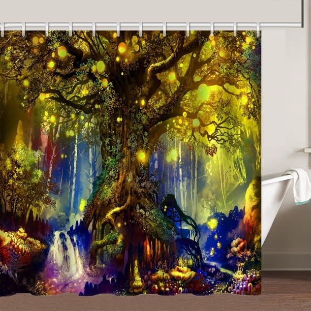 1/3pcs Cozy and Durable Magic Tree Shower Curtain Set with 12 Hooks, Non-Slip Bathroom Rug, and Toilet Lid Cover Pad - Perfect for Bathroom Decor