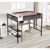 M&Ms - Metal Full Size Loft Bed With Desk & Shelves/ Sturdy Metal Bed Frame/ Noise-Free Wood Slats/ Comfortable Textilene Guardrail/ Built-In Desk, 2-Tier Shelves & Grid Panel/ 2 Side Ladders