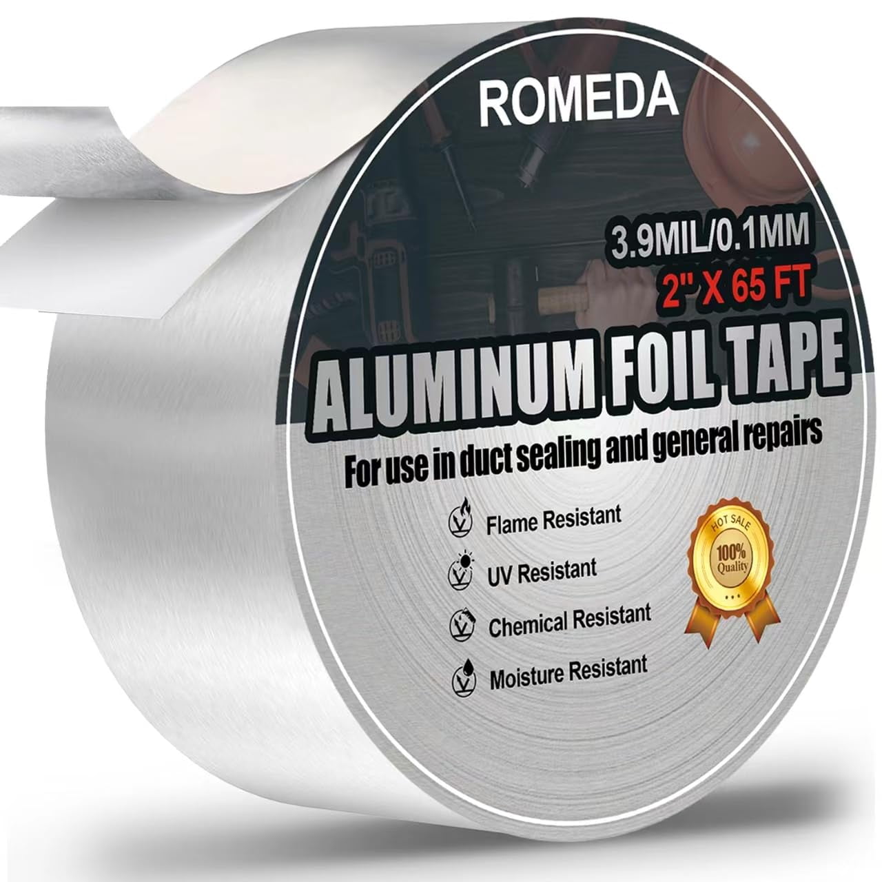 Cinta De Papel De Aluminio Romeda De 2 Pulgadas X 65 Pies (3.9 Mil) Plateada