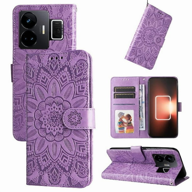 Funda tipo cartera FOXDOCK para Realme GT3 , diseño girasol en relieve, cuero PU, cierre magnético, soporte y tarjetero