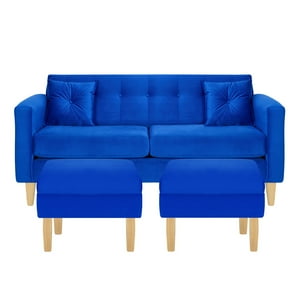 Bodevir - Sofa New Retro 3C + 2 Pouf Felpa 05 Azul Rey