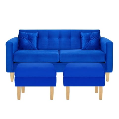 Bodevir - Sofa New Retro 3C + 2 Pouf Felpa 05 Azul Rey