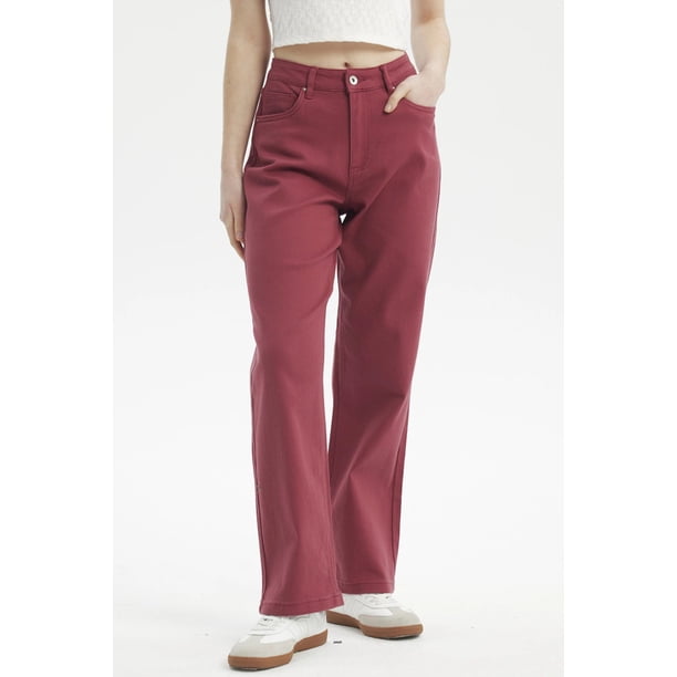 Jeans Mujer Calce Recto Color Burdeo