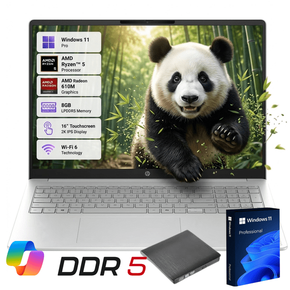 Notebook HP de 16" Touch FHD+ para Negocios y Estudiantes (AMD Ryzen 5 40, 8GB DDR5, 512GB SSD, Win 11 Pro, Wi-Fi 7, Copilot AI) - Incluye Unidad de DVD Externa