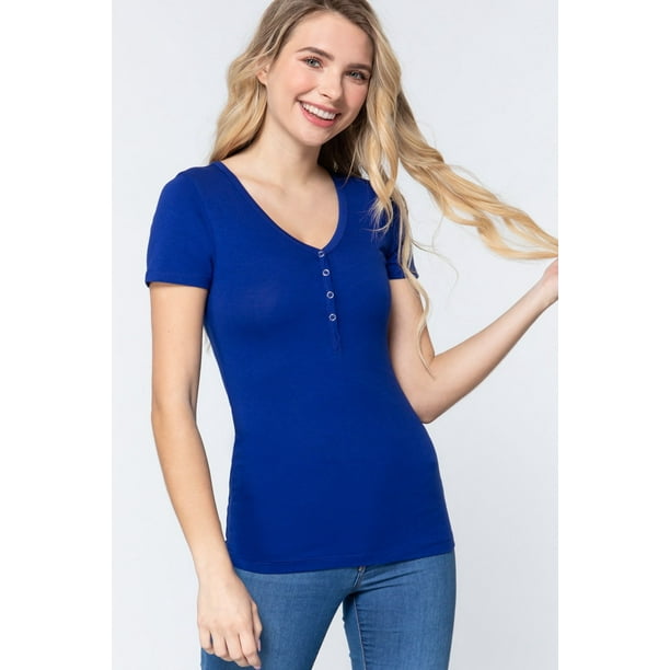 Saronite Camiseta Básica de Punto Henley de Manga Corta con Cuello en V, Estilo Realeza (para Mujer)