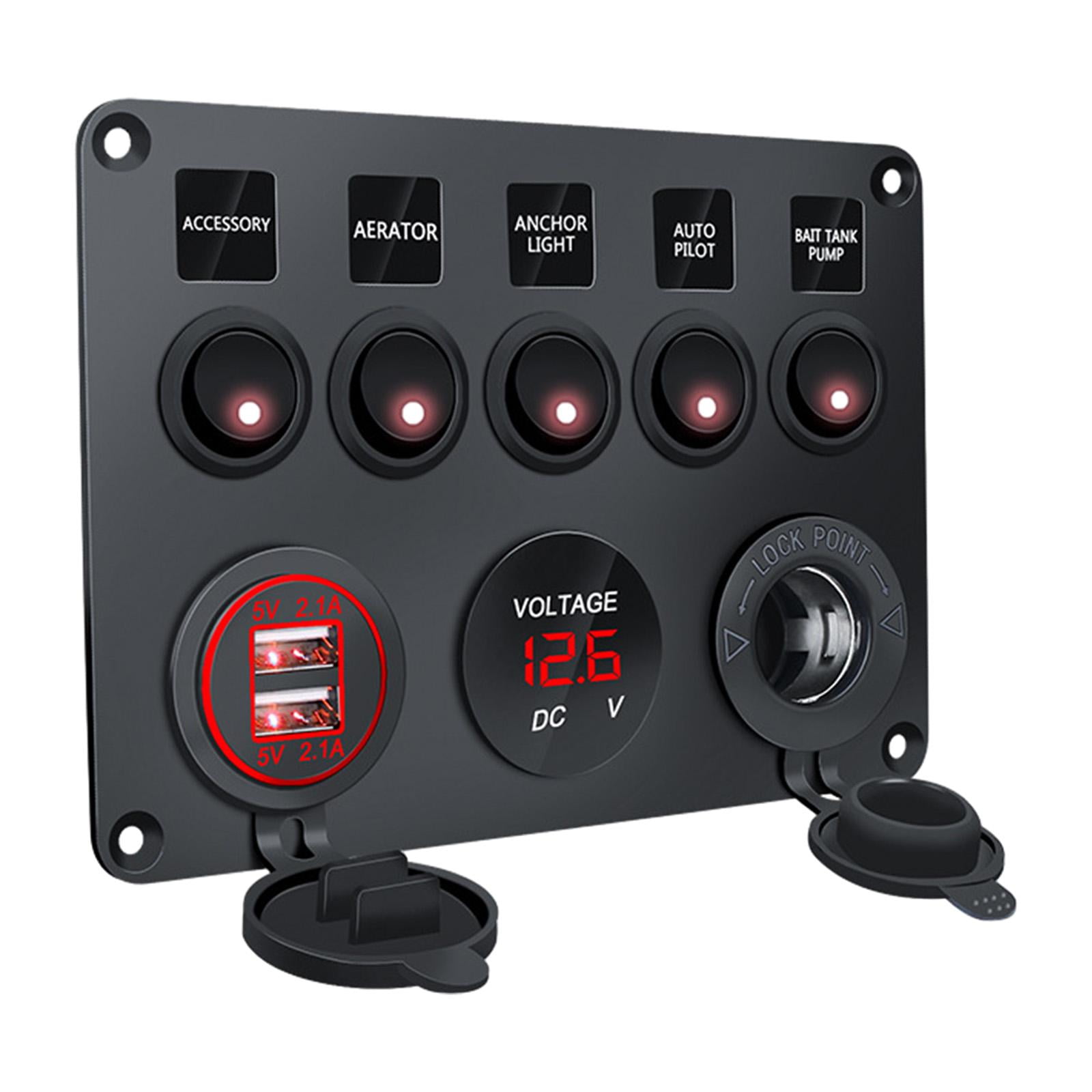 Magideal - Panel De Interruptor Basculante De 5 Entradas, Panel De Interruptor De Palanca Dual Usb 4.2a, Voltímetro Digital Para Remolque, Yate, Rv, Coche Automo Luz Roja