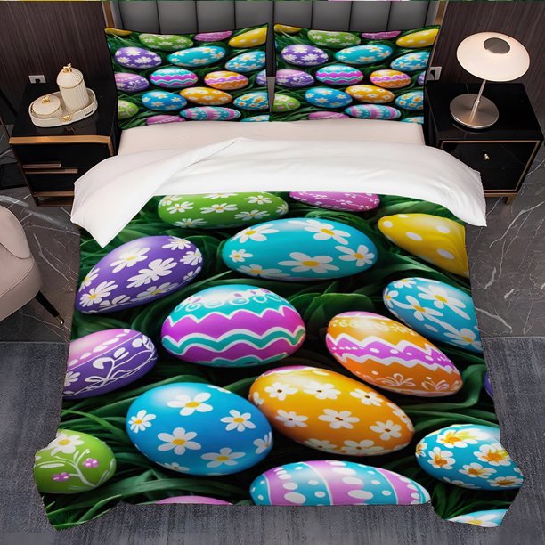 3pcs Easter Egg Painted Display Theme Printed Bedding Set Soft Duvet Cover and Two Pillowcases