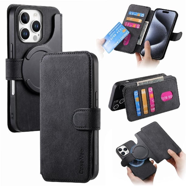 Funda Billetera Magnética para iPhone 16 Pro Max Soporte Tarjetas Desmontable Negro