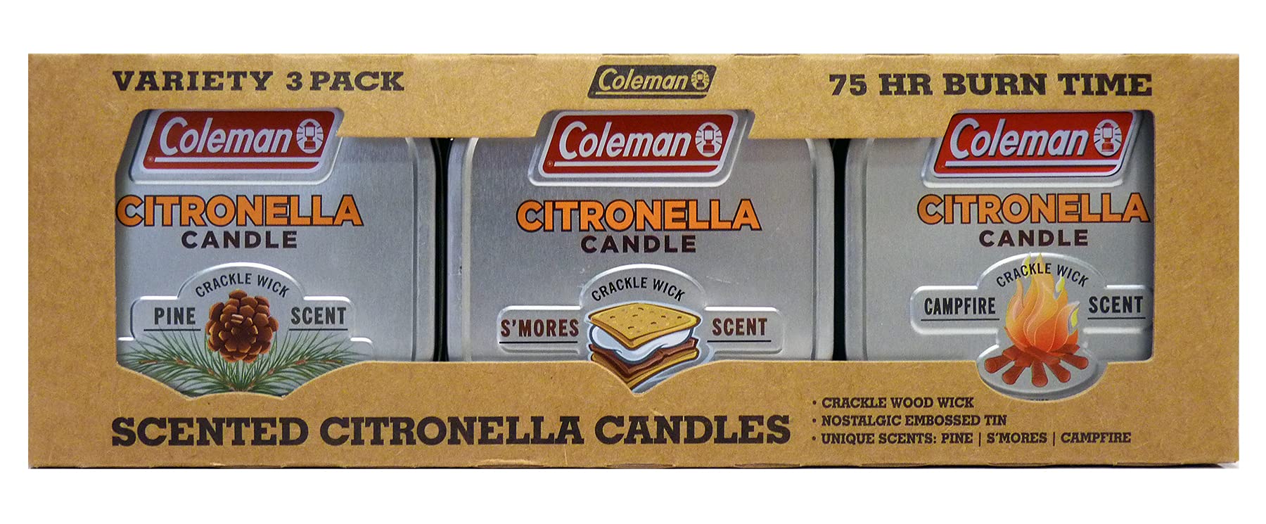 Candle Coleman Con Aroma A Citronela En Lata, Paquete De 3 Galletas S'Mores, Pino