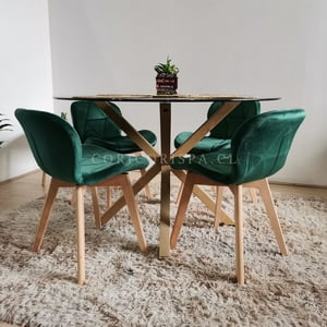 Coricori - Comedor Mesa Vidrio D120 + 4 Sillas Mariposa Velvet Verde