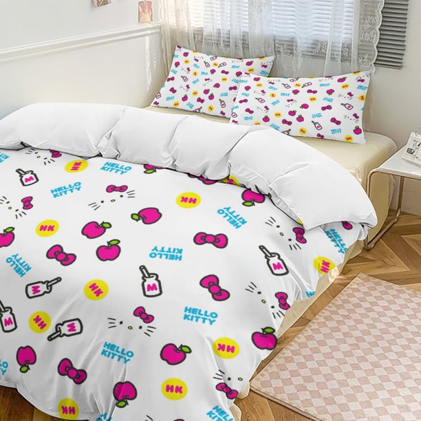 Milk Bow Tie Hello Kitty Comforter Set Soft 3 Pcs Twin Bedding Sets Thicken for All Season
