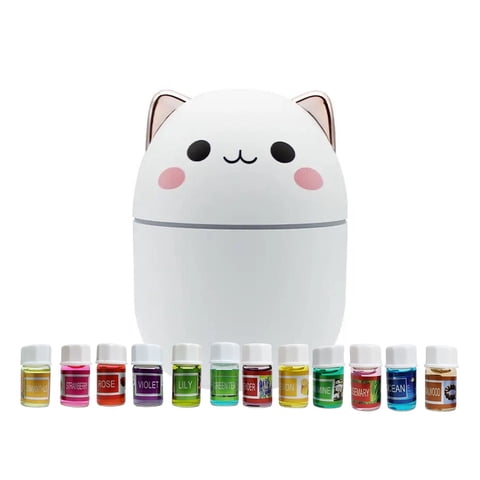 Disparo - Pack Humidificador Diseño Gato Blanco + 12 Esencias Aromaticas