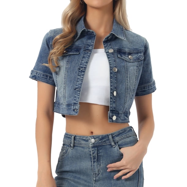 CHAQUETA VAQUERA CORTA DE MUJER INSPIRE CHIC MANGA CORTA BOTONES DELANTEROS CHAQUETA DE MEZCLILLA GRIS AZUL S