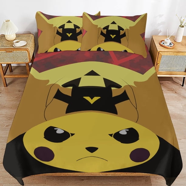 Pi-ka-chu Bed Duvet Cover Microfiber Bedding Sets 3D Printed Lightweight 3 Piece Comforter Sets for Kids Boys Girls