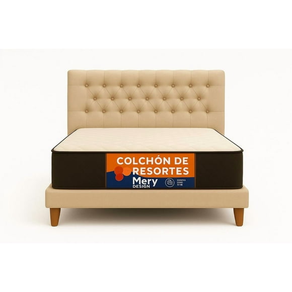 Cama 1 Plaza Beige Capitone + Colchon Mery Desing
