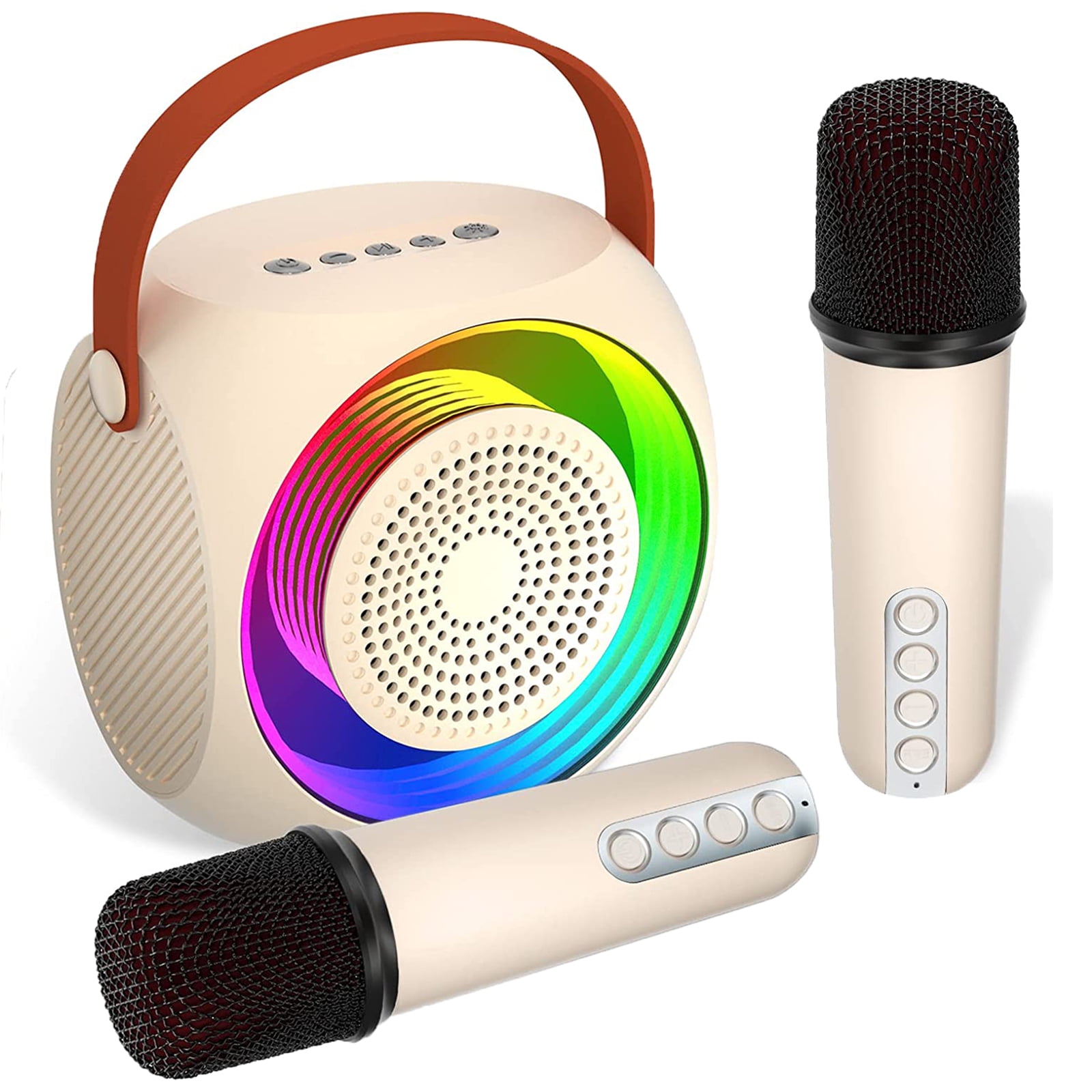 Aaronmei Mini Máquina De Karaoke Parlante Bluetooth Portátil Con 2 Micrófonos Inalámbricos Blanco