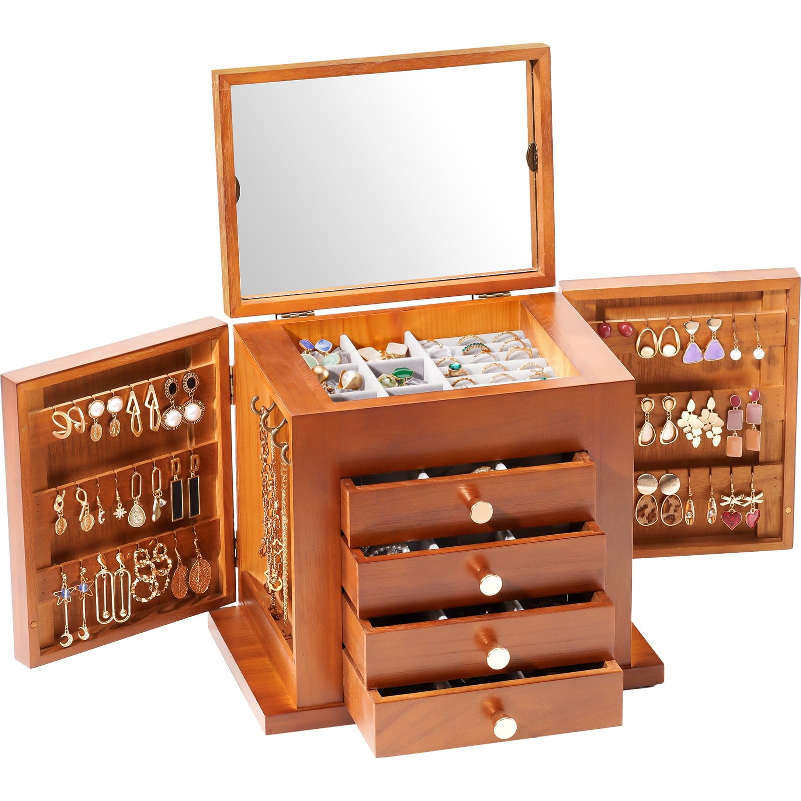 Joyero Procase Grande De Madera De 5 Capas Con Espejo Para Mujer