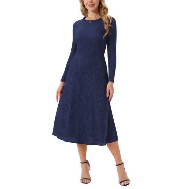 INSPIRE CHIC Vestidos de Otoño para Mujer de Manga Larga Cuello Redondo Tejido Línea A Casual Vestido Midi L Azul Oscuro