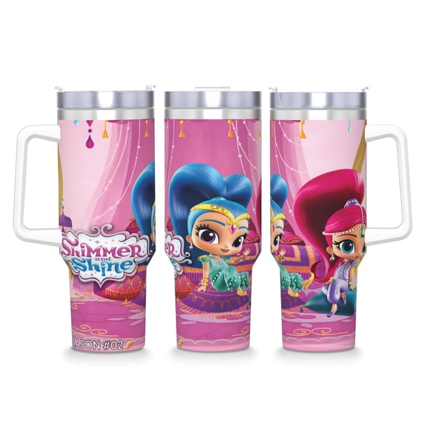 Shimmer y Shine Vaso aislado de acero inoxidable con asa, diseño temático, regalo para familia, amigos y fans; incluye pajita y encaja en el portavasos estándar, 40 oz