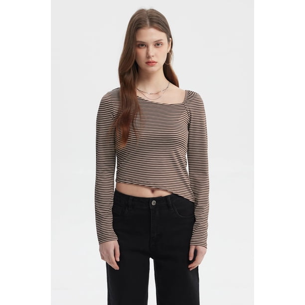 Polera Mujer Asimétrica Rayas Café Oscuro