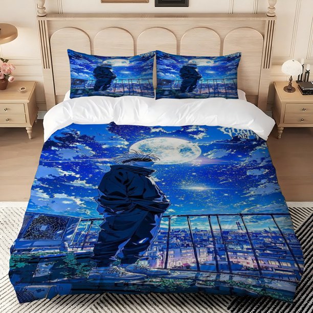 3pcs Satoru White-Haired Night View Full Moon City Pattern Digital Print Bedding Set Made of 100% Polyester Skin-Friendly Fabric