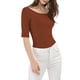 thumbnail image 5 of INSPIRE CHIC Camisetas de Mujer para Regreso a Clases con Cuello de Barco, Mangas Medias, Ajustadas, para Capas, Camiseta Suave, Talla S, Marrón, 5 of 8