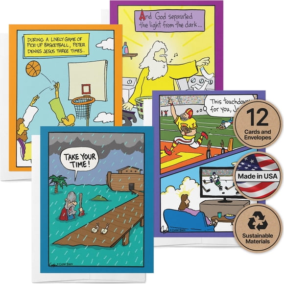 Juego de 12 tarjetas de felicitación con ramitas de papel surtido, divertidas, religiosas