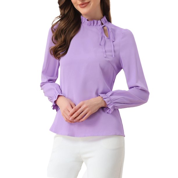 INSPIRE CHIC Blusa de Primavera para Mujer de Manga Larga con Volantes y Lazo en el Cuello para Oficina y Trabajo Elegante S Púrpura Claro