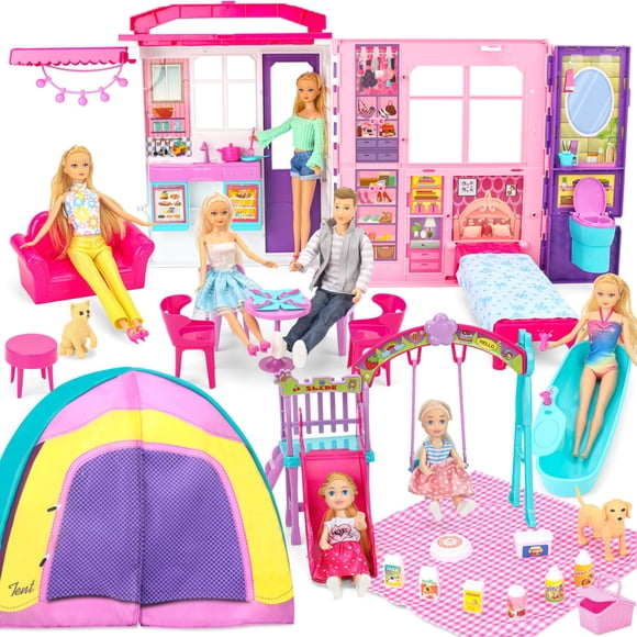 Doll House Style Shine, portátil y plegable, con más de 60 unidades y 2 muñecas