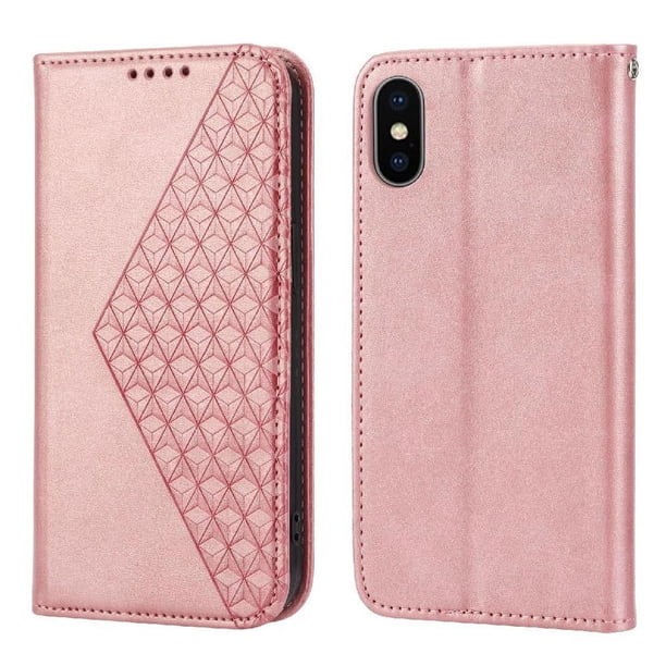 Funda Flip FOXDOCK para iPhone X/XS , Estilo Billetera con Diseño Rombo, Correa de Mano y Soporte, Uso Diario