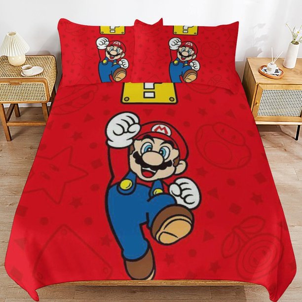 Super Mario 3-Piece Comforter Set for Bedroom Super Mario Bedding Set for Kids Adults Soft Microfiber Duvet Cover Set with Zipper Closure