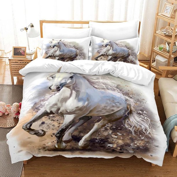 Running Horse Steed Animal Quilt Duvet Cover Set Kids Bedroom Decor3-Piece Bedding Set