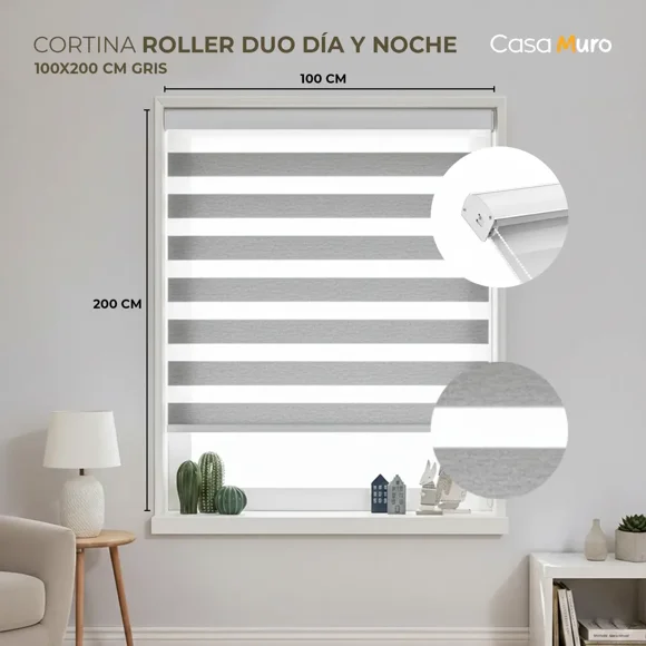 Cortina Roller Duo Día Noche Persiana Ventana 100x200cm Gris