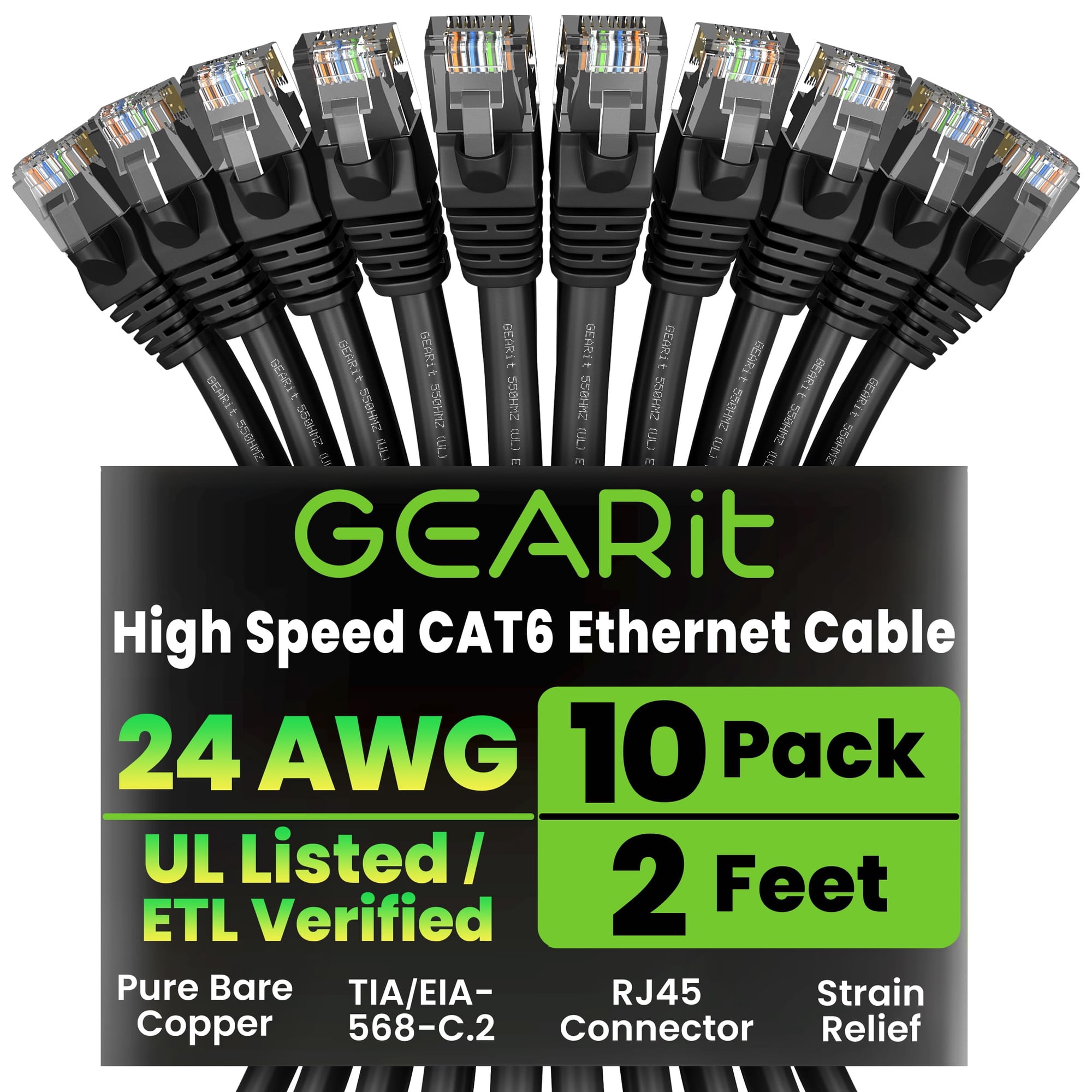 Cable Ethernet Gearit Cat 6, Paquete De 10 Unidades, 0,6 M, 10 Gbps, Rj45, Negro