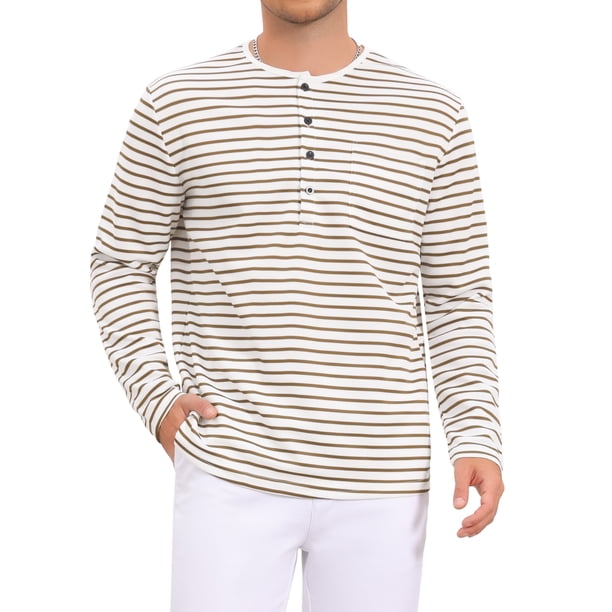 INSPIRE CHIC Camisas Henley a Rayas para Hombre de Regreso a Clases de Manga Larga con Botones Camisetas Casuales XL Beige